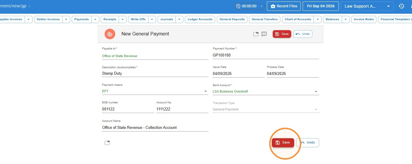 New General Payment form with payee, description and bank details filled in, and the Save button highlighted