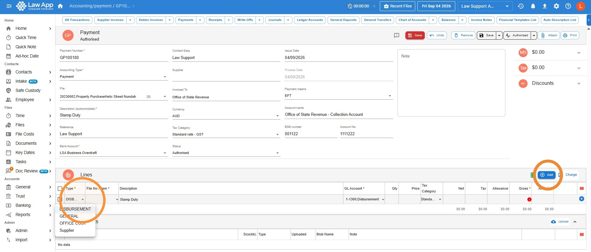 Payment lines section with the Add button and the Type drop-down open, showing Disbursement, General, Office Cost and Supplier options