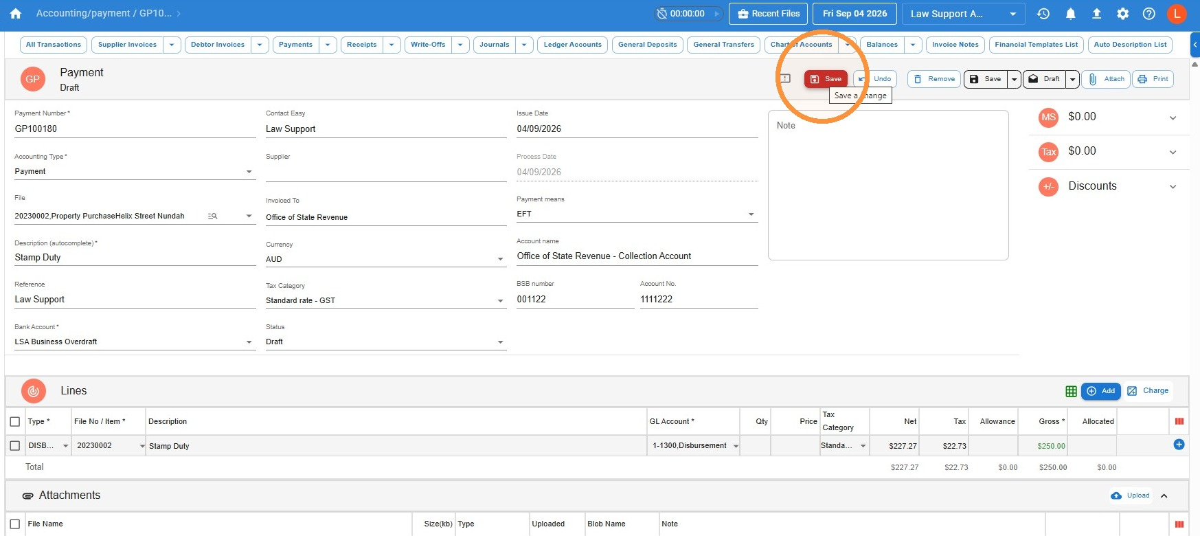 Saved general payment in Draft status with the Save button highlighted