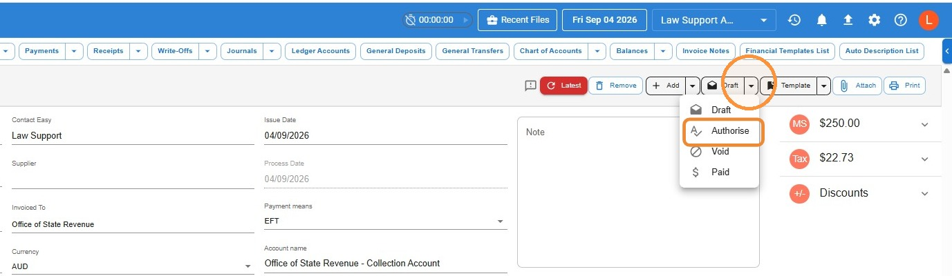 Payment status drop-down open with the Authorise option highlighted