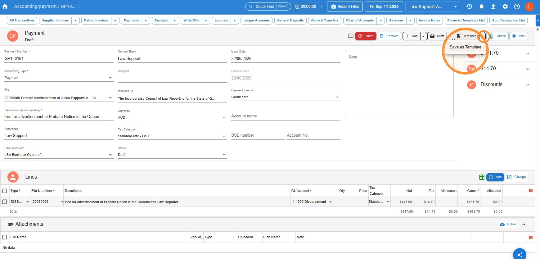 Payment screen with the Template button open and Save as Template highlighted