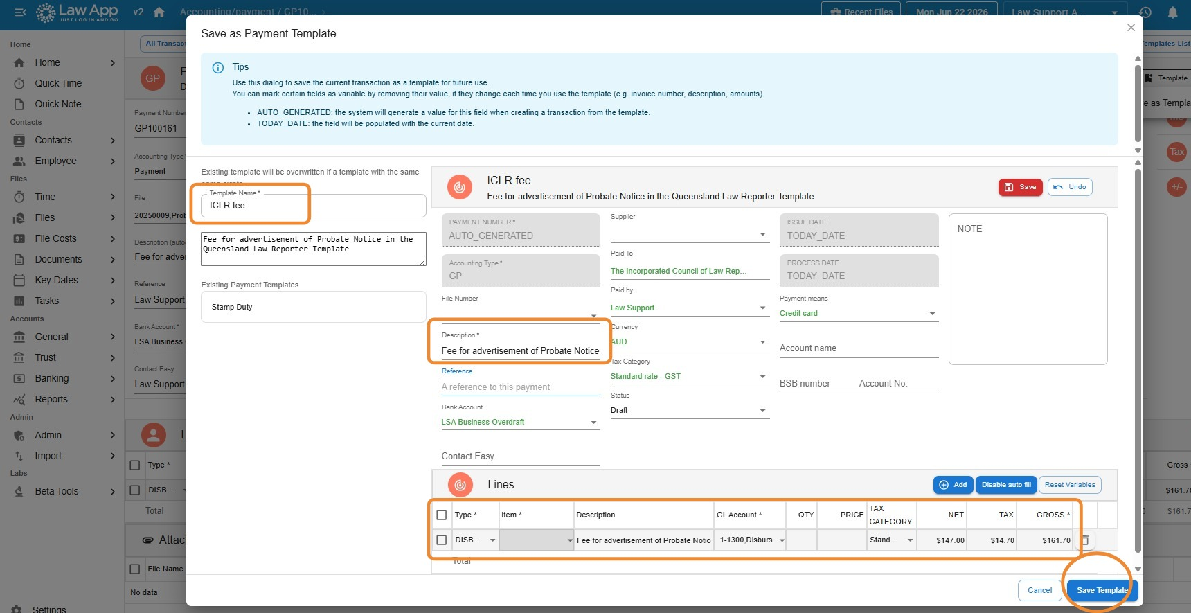 Save as Payment Template dialog showing template name, description and line details