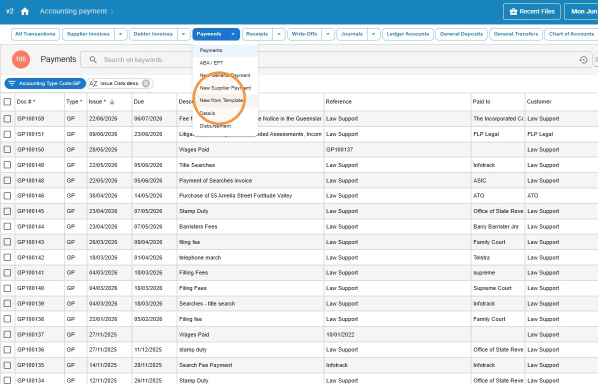 Payments dropdown menu with New from Template option highlighted