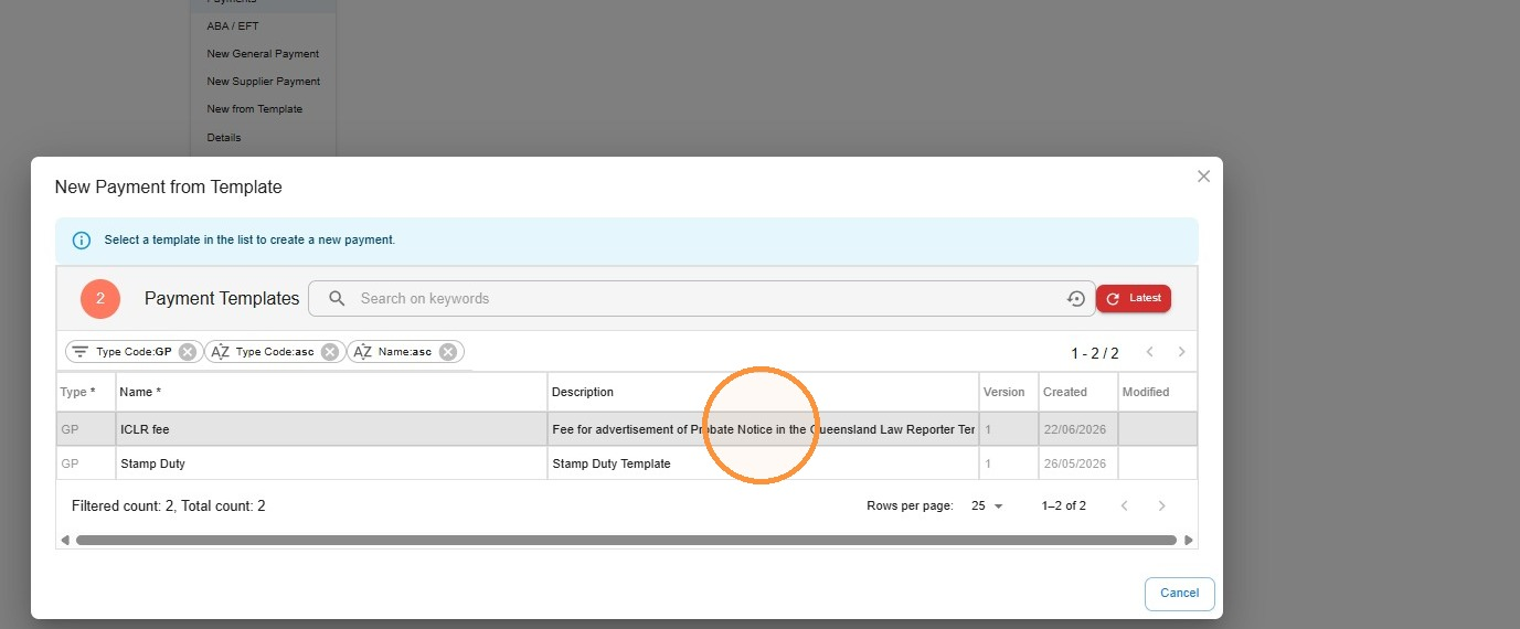 New Payment from Template dialog listing saved payment templates