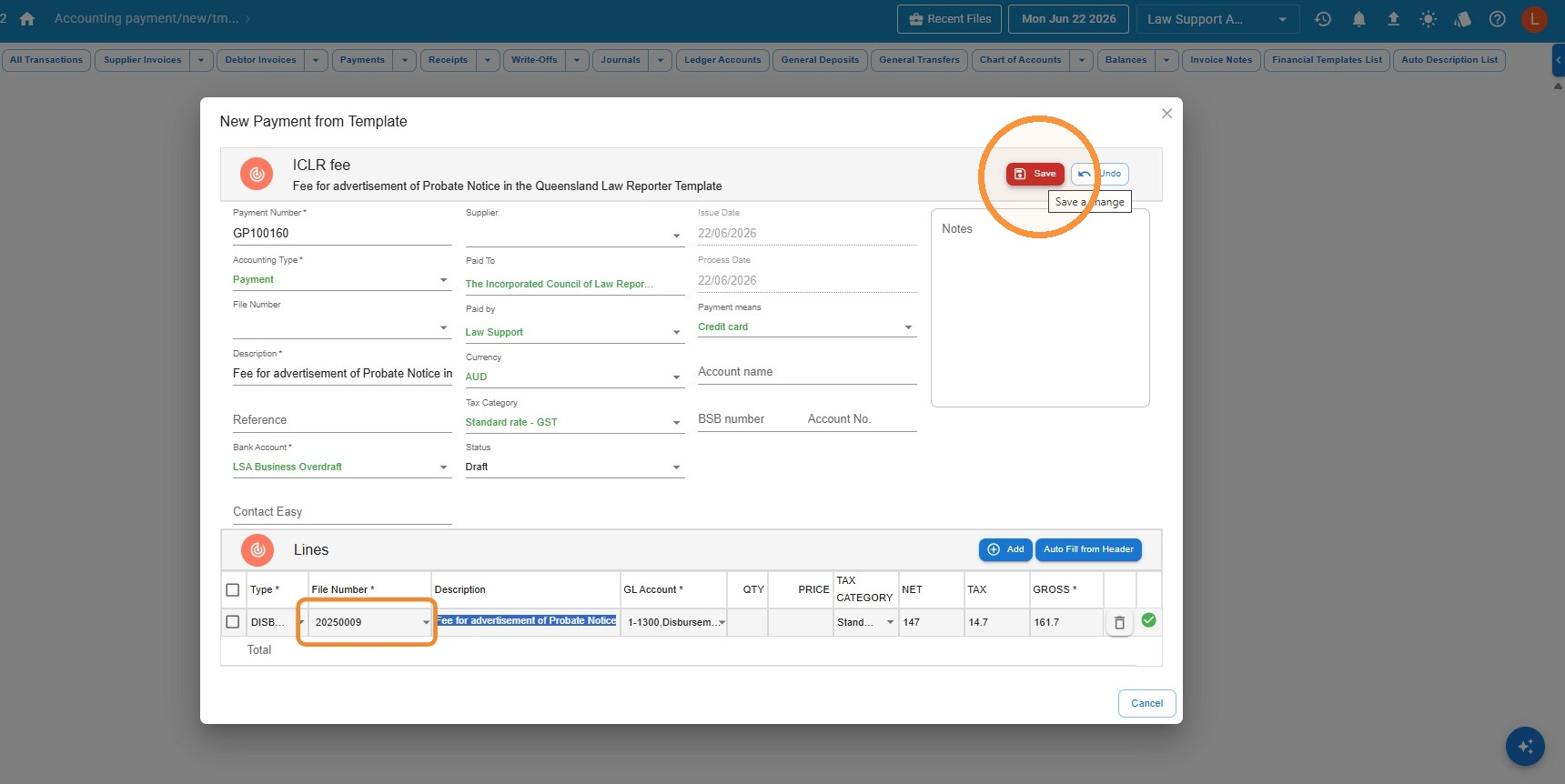 New payment form pre-filled from a template with the File Number field highlighted