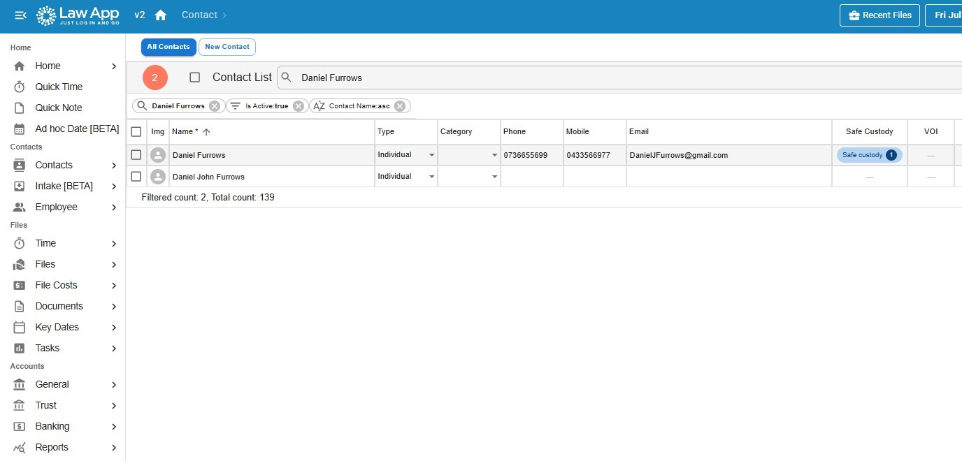 Contact list search results showing two duplicate entries for the same person, one with a Safe Custody record attached and one without