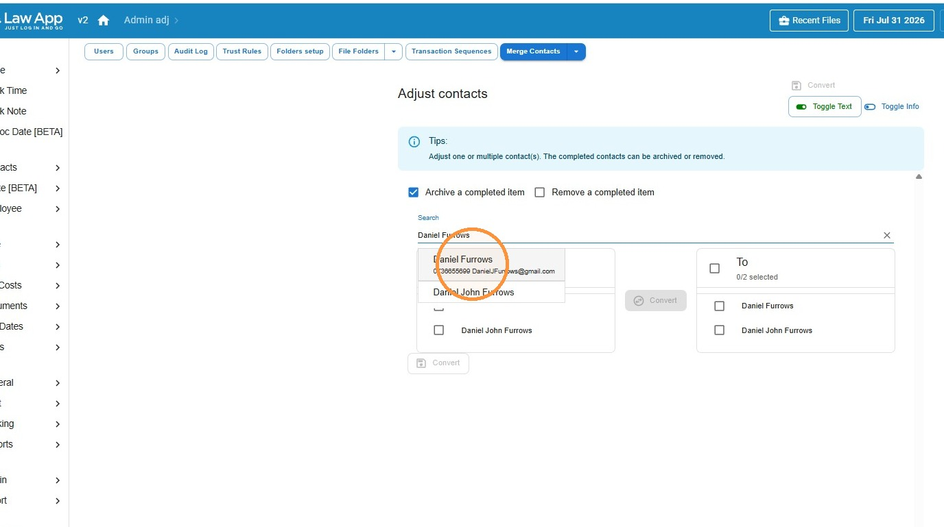 Merge Contacts search bar with a contact name entered and matching entries listed below it