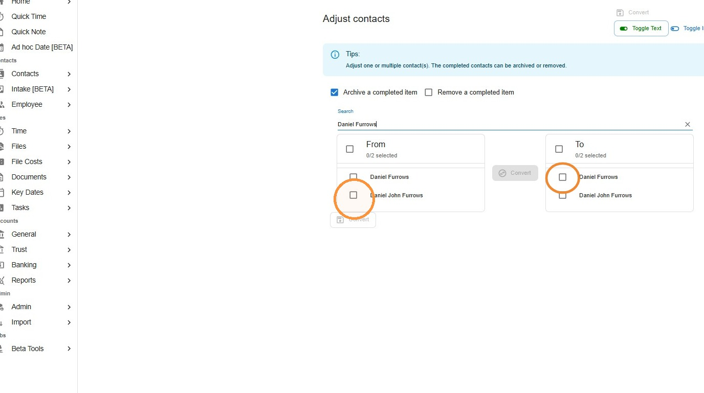 From and To columns on the Merge Contacts screen, ready for the entries to remove and keep to be selected
