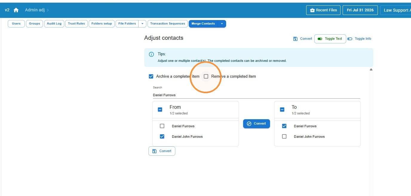 Archive a completed item and Remove a completed item checkboxes both selected on the Merge Contacts screen