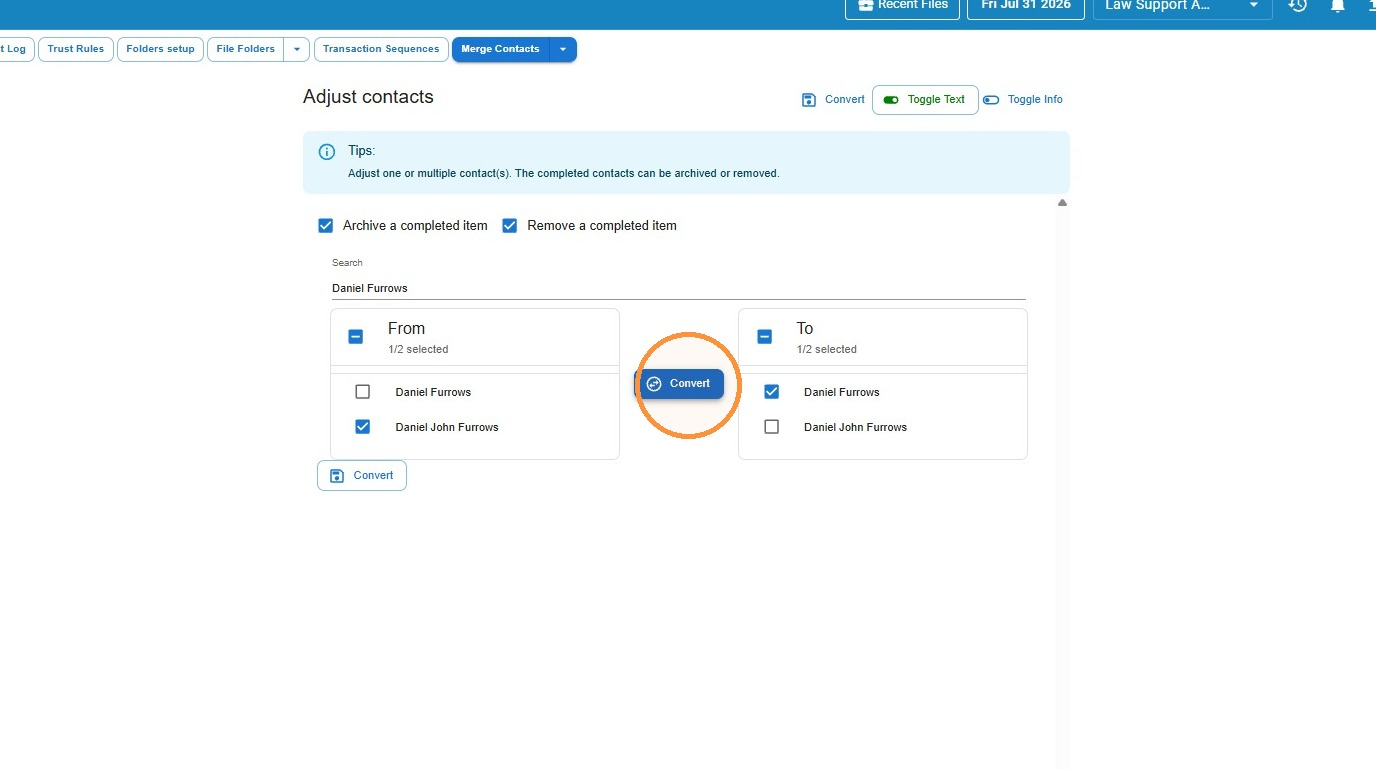 Merge Contacts screen with a contact selected in the From column, a contact selected in the To column, and the Convert button highlighted