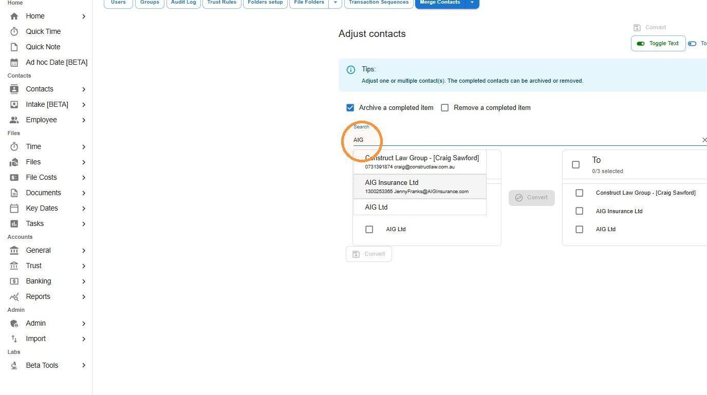 Merge Contacts search bar with a shared keyword entered and the suggestion list open underneath it