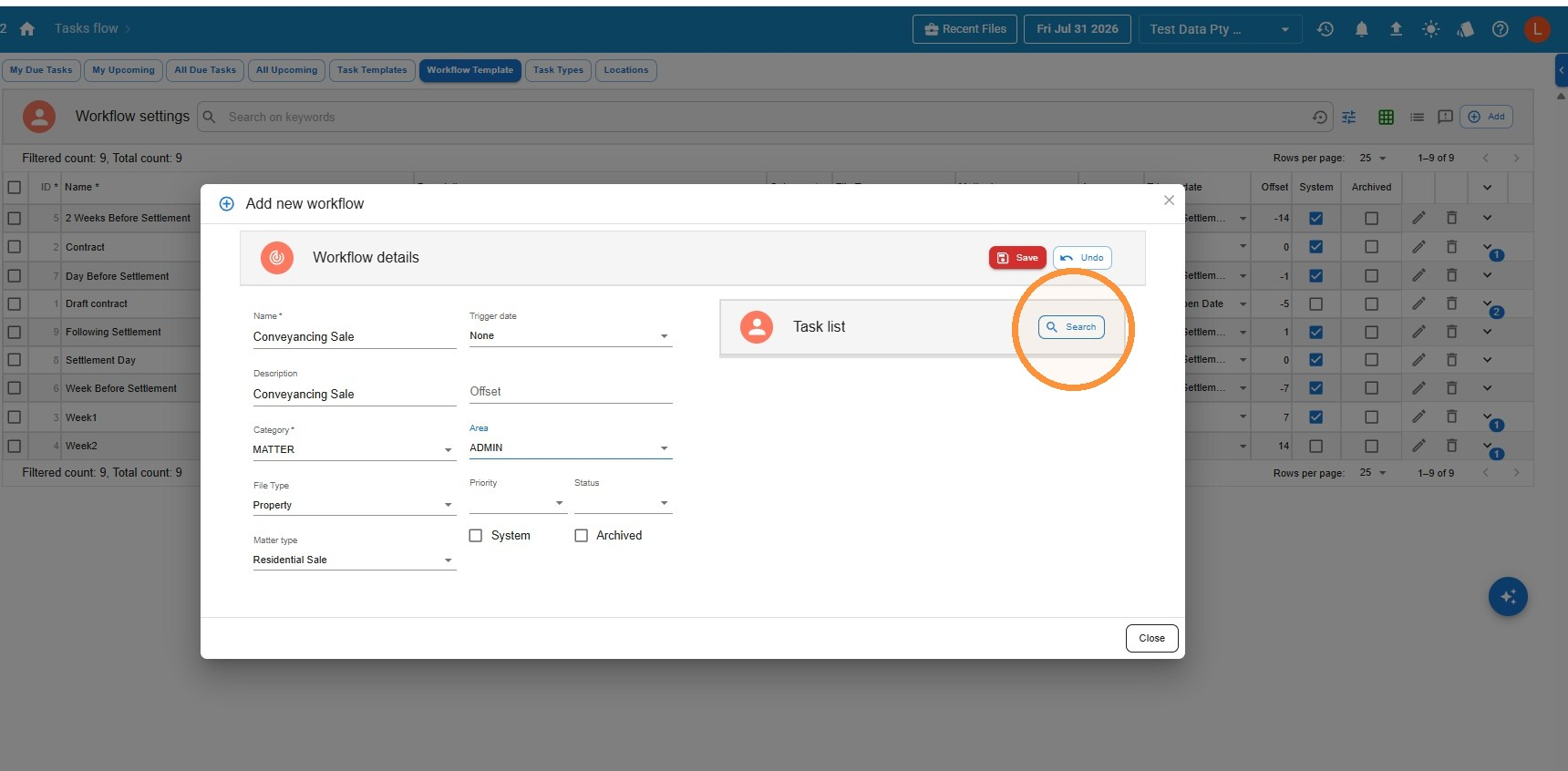 Add new workflow window with Name, Category, File Type, Area and Matter type fields completed, and the Search button in the Task list panel highlighted