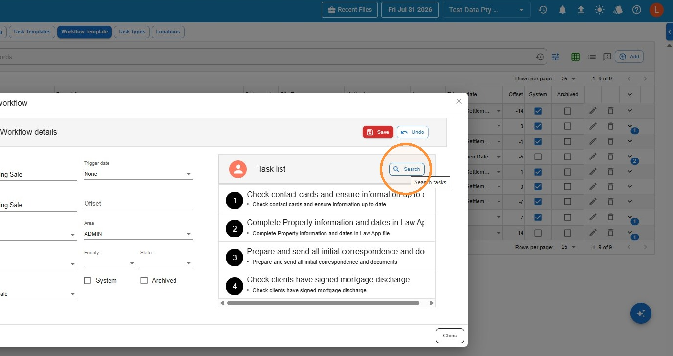 Task list panel showing four tasks already added in numbered order, with the Search button highlighted again