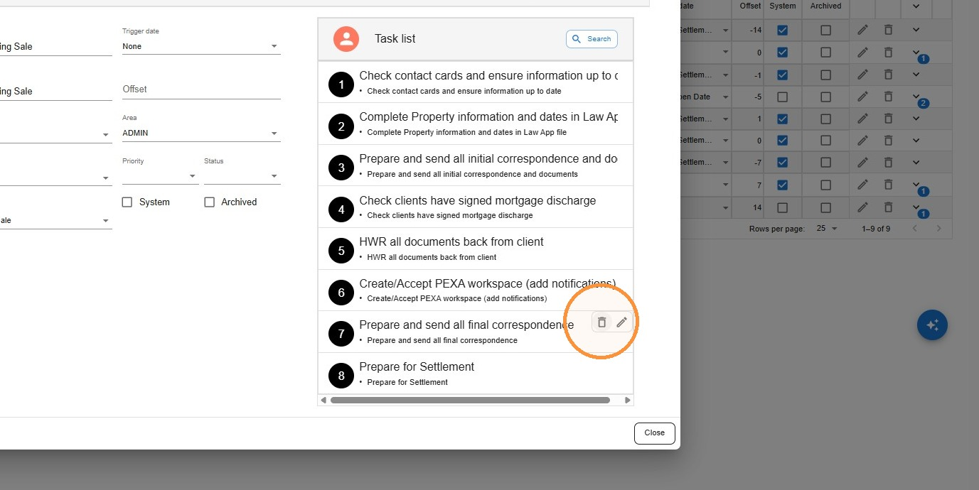 Task list panel with eight tasks added and the delete (bin) icon highlighted next to one of them