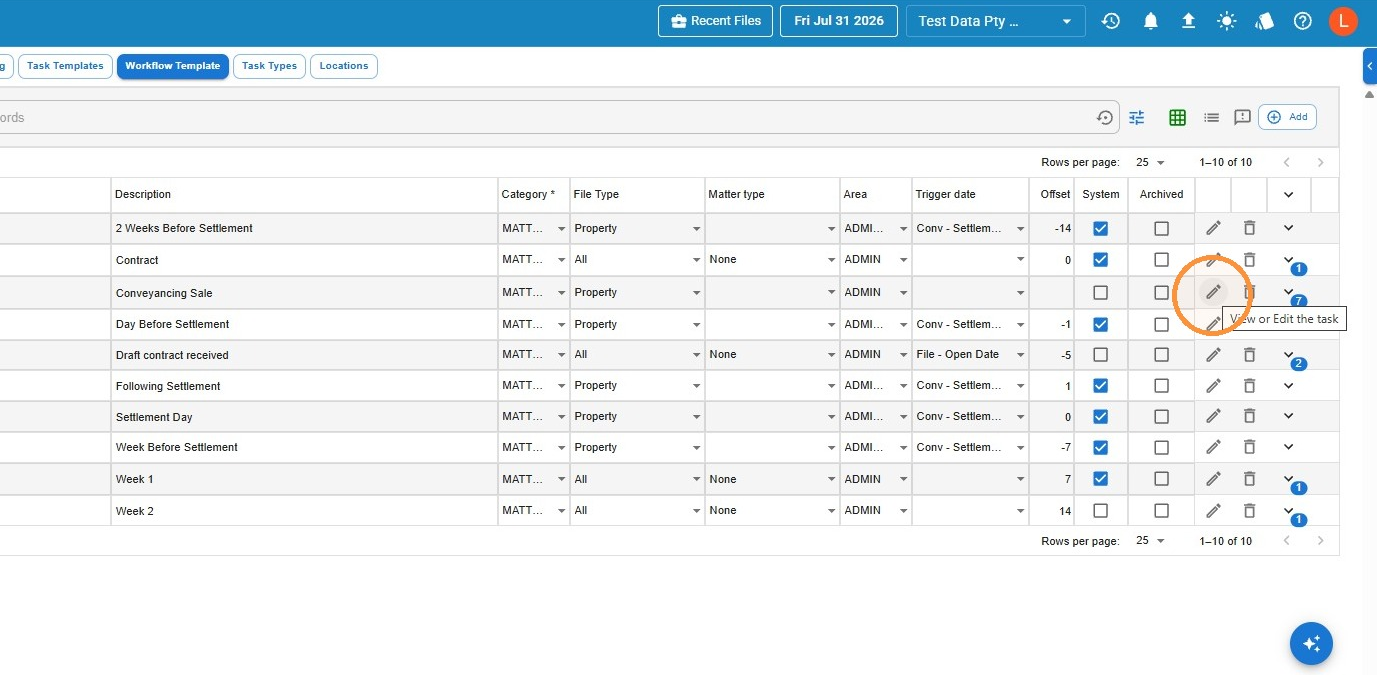 Workflow Template list with the edit (pencil) icon highlighted next to the Conveyancing Sale workflow, and a View or Edit the task tooltip showing