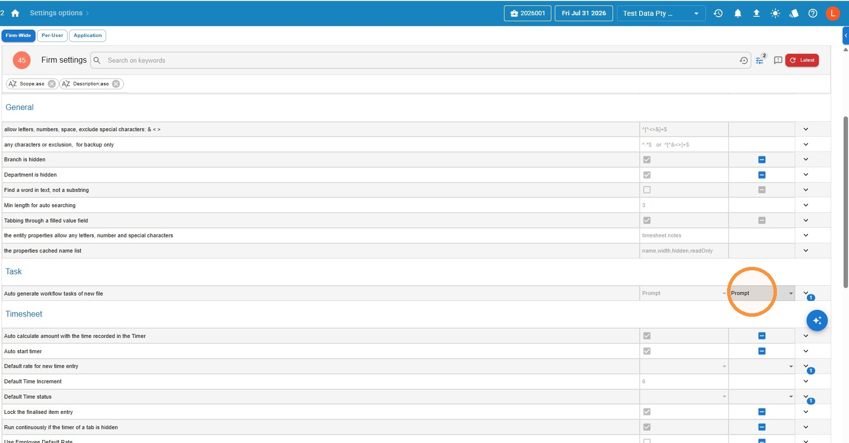Firm settings page scrolled to the Task section, with the Auto generate workflow tasks of new file setting highlighted, set to Prompt