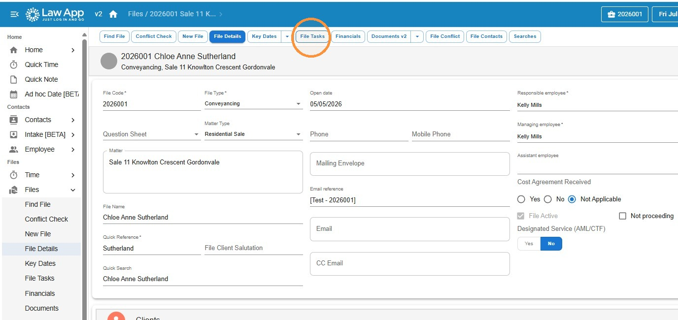 File Details screen for a matter with the File Tasks tab highlighted