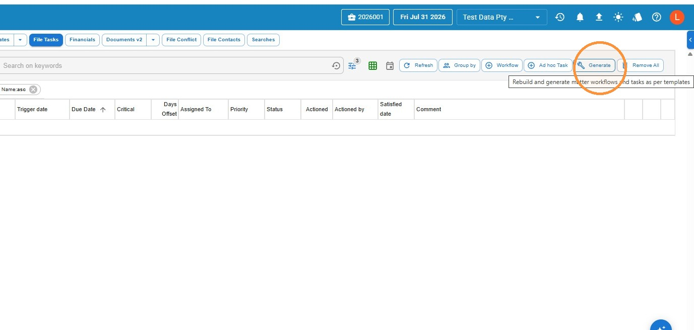 File Tasks screen with the Generate button highlighted and a Rebuild and generate matter workflows and tasks as per templates tooltip showing