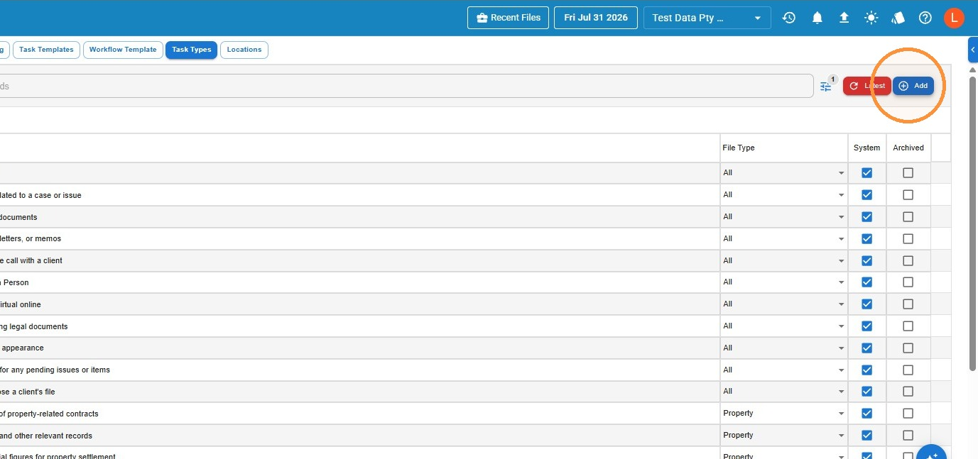 Work task types list with the Add button highlighted in the top right
