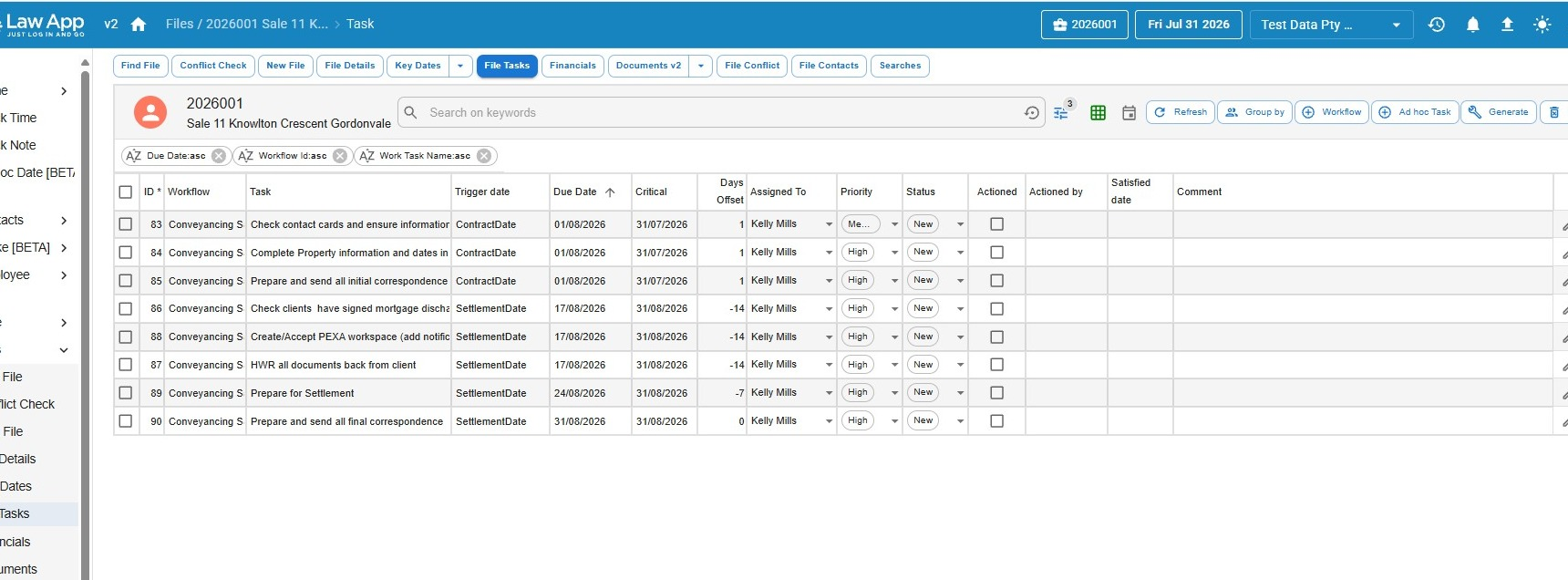 File Tasks list showing generated tasks for a conveyancing sale workflow, each with a due date, trigger date and days offset