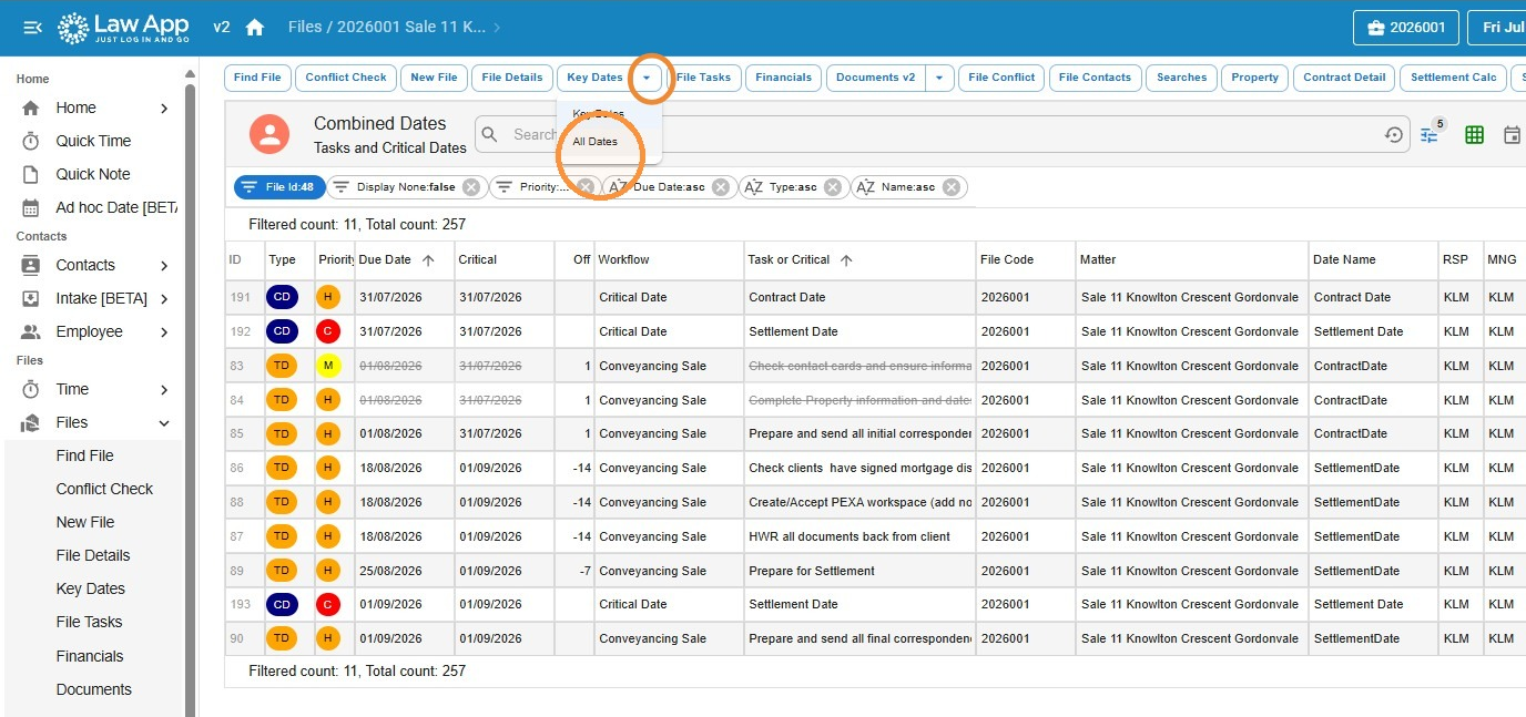 Combined Dates screen listing critical dates alongside workflow tasks for a file, with due dates and priority