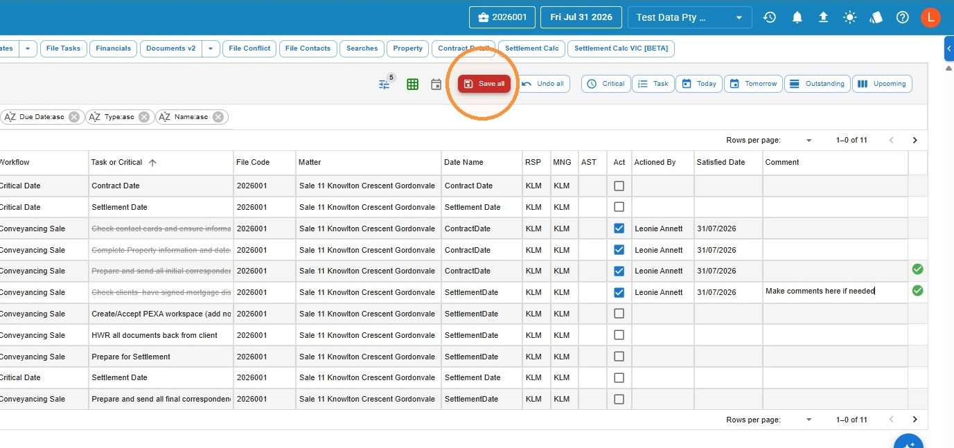 Combined Dates screen with several tasks ticked as Actioned, a comment added, and the Save all button highlighted