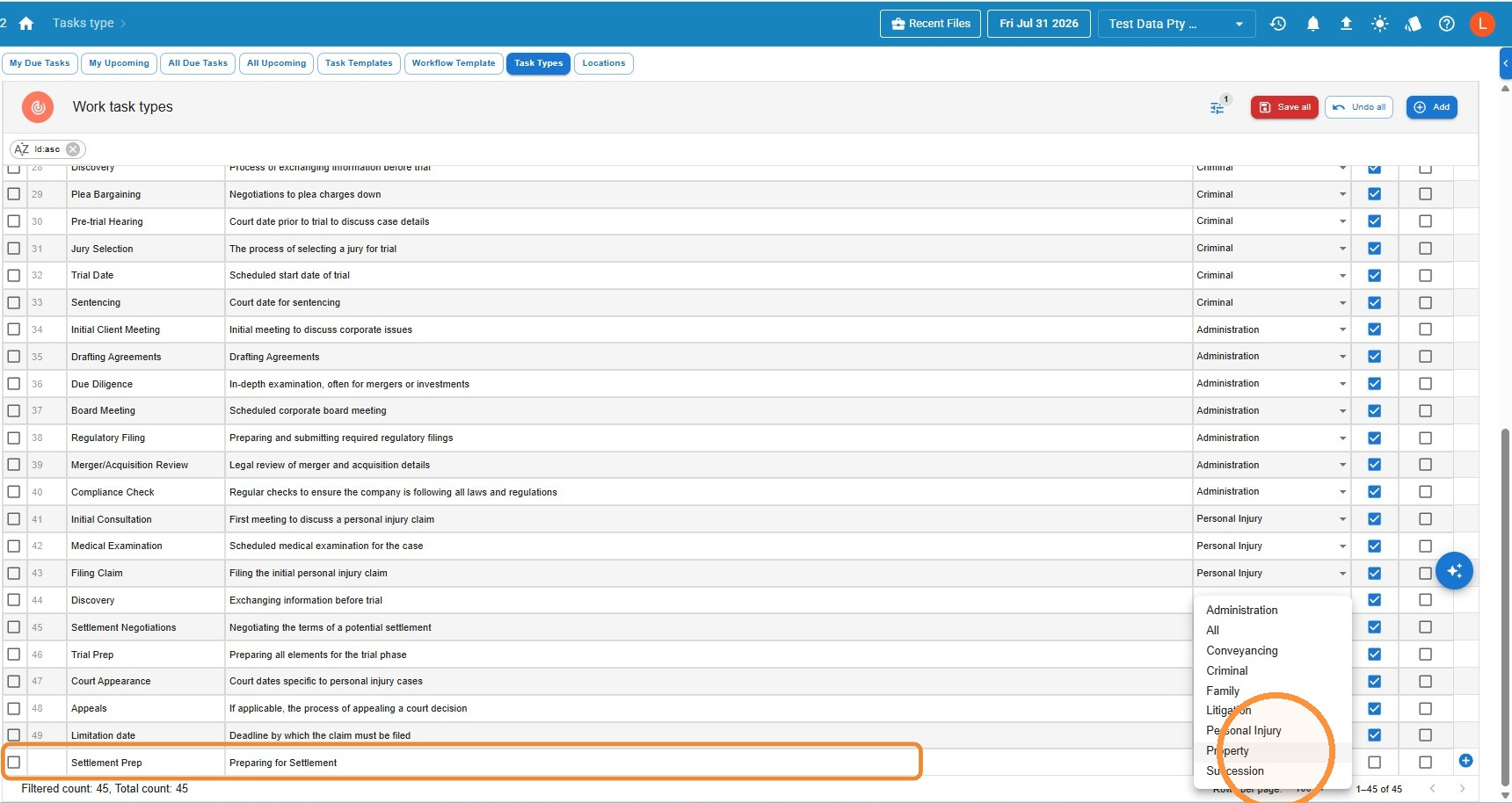 Work task types table with a new row and the file type dropdown open, showing options including All, Conveyancing, Criminal, Family, Litigation, Personal Injury and Property