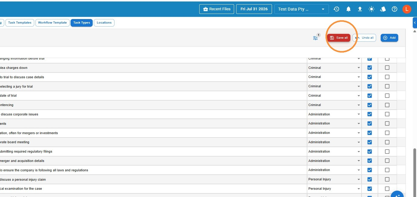 Work task types list with the Save all button highlighted