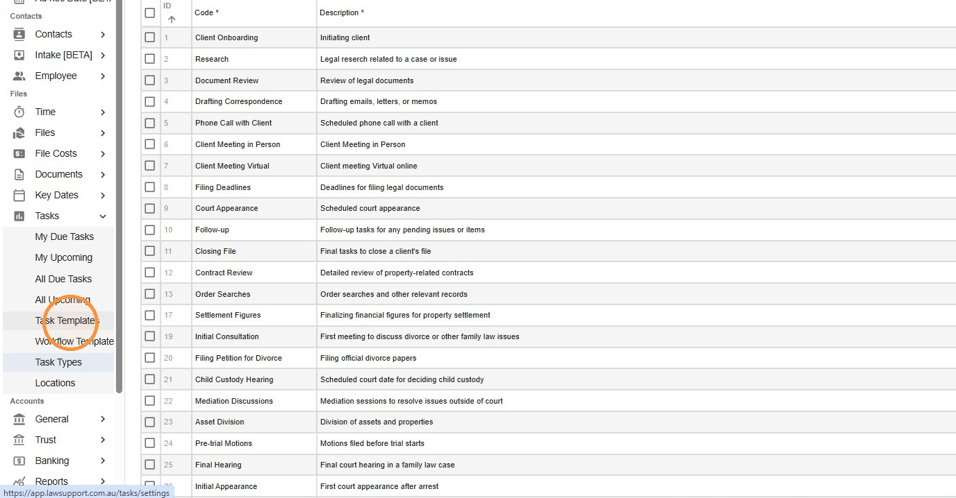 Left-hand navigation menu with Tasks expanded and Task Templates highlighted