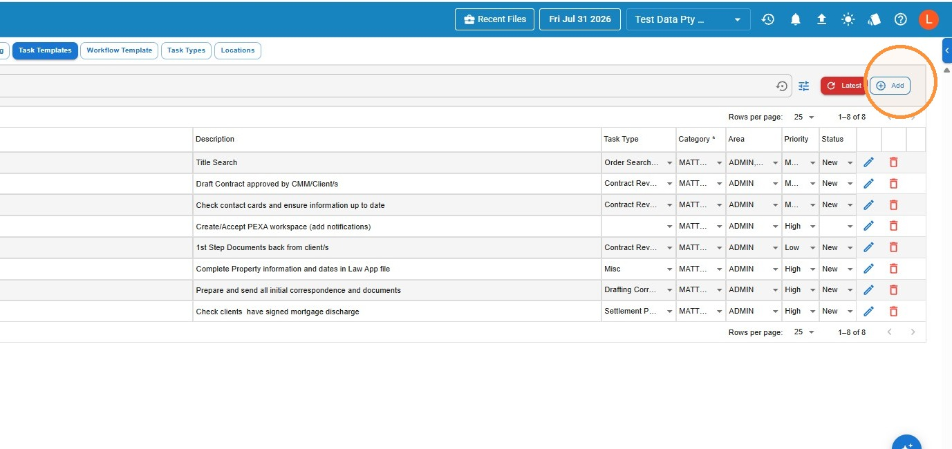 Task Templates list with the Add button highlighted in the top right