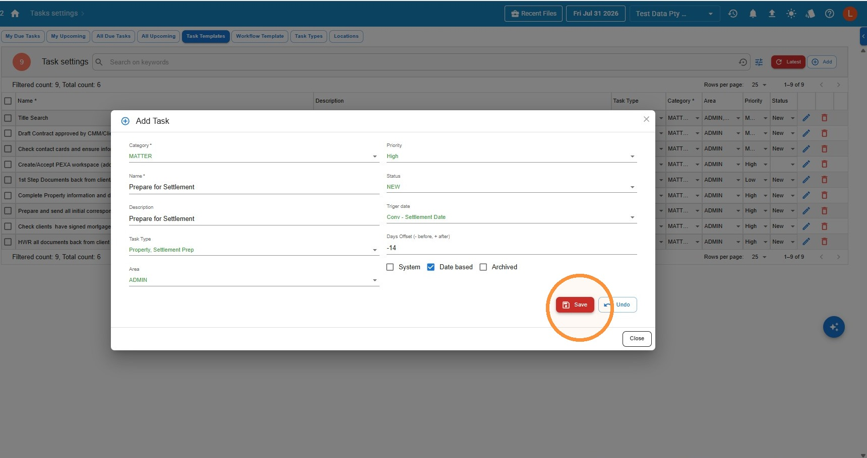 Add Task window with Category, Name, Task Type, Area, Priority, Status, Trigger date and Days Offset fields completed, and the Save button highlighted