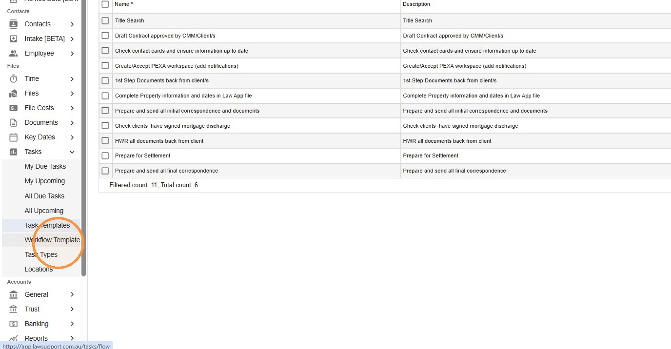 Left-hand navigation menu with Tasks expanded and Workflow Template highlighted