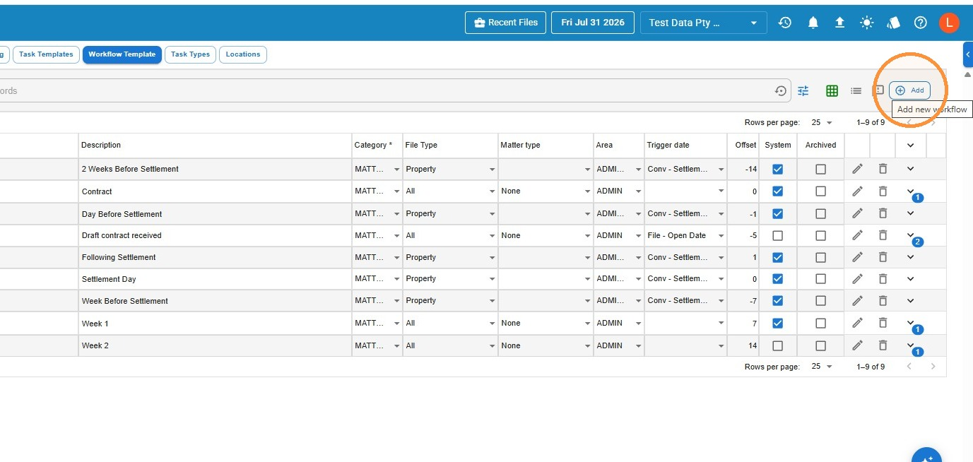 Workflow settings list with the Add button highlighted in the top right, and an Add new workflow tooltip showing